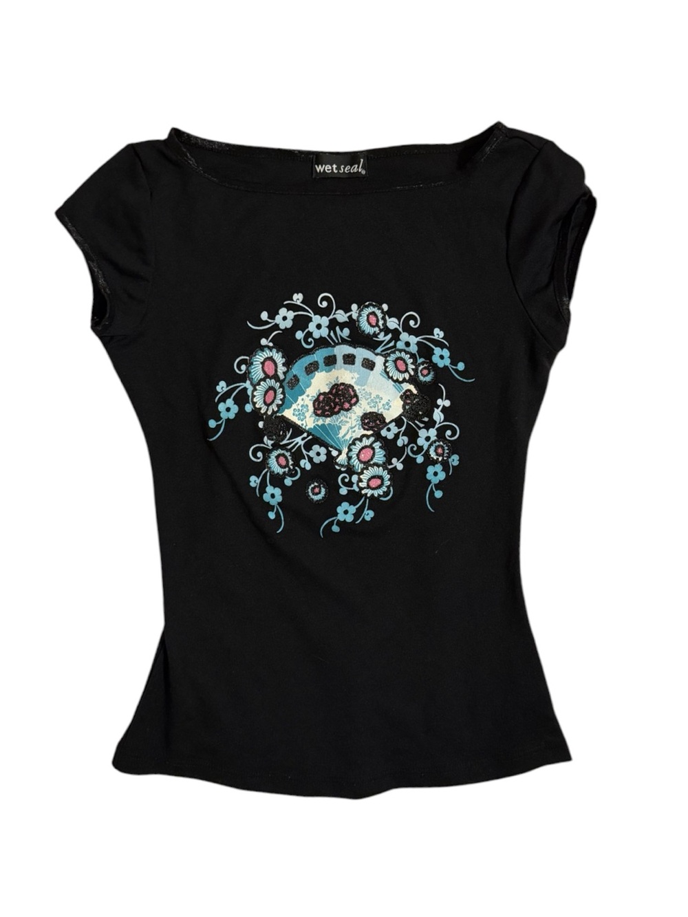 NWOT Wet Seal Y2K Black Short-Sleeve Tee with Blue Pink Floral Fan Made in USA